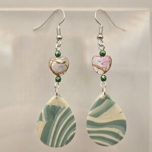 #B341-  Heart and Teardrop Earrings in Green and Pink- Shell Beads
